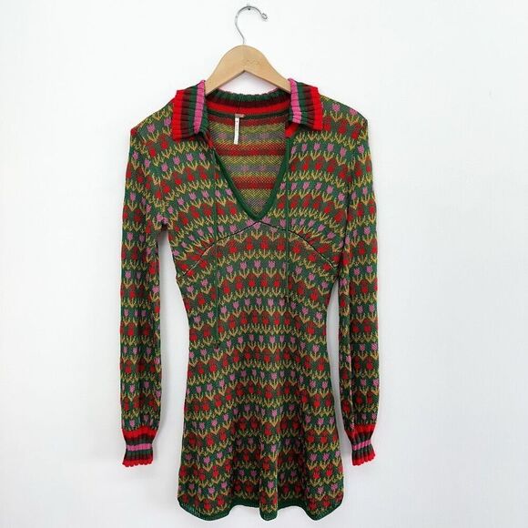 Free People Women’s Milano Multi Green Knit Tulip Mini Sweater Dress - Picture 2 of 10